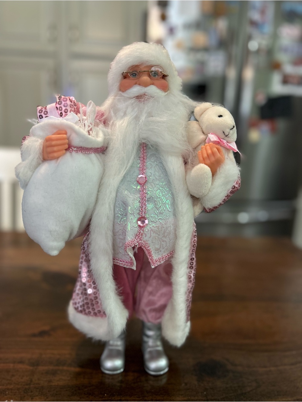 Windy Hill Pink Sequin Standing Santa With Teddy Bear And Sack Of Toys
